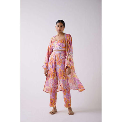 Basanti Kapde aur Koffee Lilac Muslin Floral Multi Co-Ord (Set of 3)