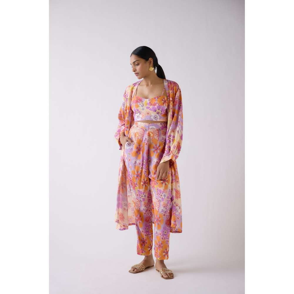 Basanti Kapde aur Koffee Lilac Muslin Floral Multi Co-Ord (Set of 3)