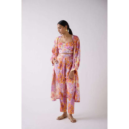 Basanti Kapde aur Koffee Lilac Muslin Floral Multi Co-Ord (Set of 3)