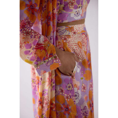 Basanti Kapde aur Koffee Lilac Muslin Floral Multi Co-Ord (Set of 3)