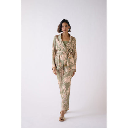 Basanti Kapde aur Koffee Green Floral Print Co-Ord (Set of 4)