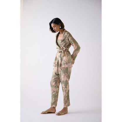 Basanti Kapde aur Koffee Green Floral Print Co-Ord (Set of 4)