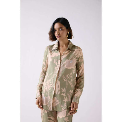 Basanti Kapde aur Koffee Green Muslin Floral Printed Shirt