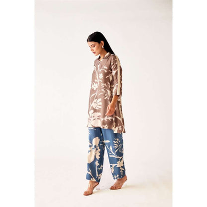 Basanti Kapde aur Koffee Brown Crepe Floral Print Kurta and Pant (Set of 2)