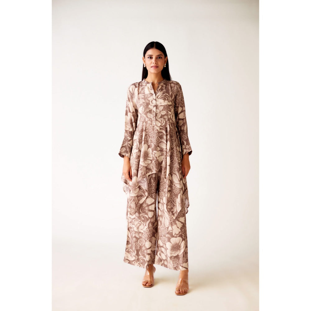 Basanti Kapde aur Koffee Brown Muslin Floral Print Kurta and Pant (Set of 2)