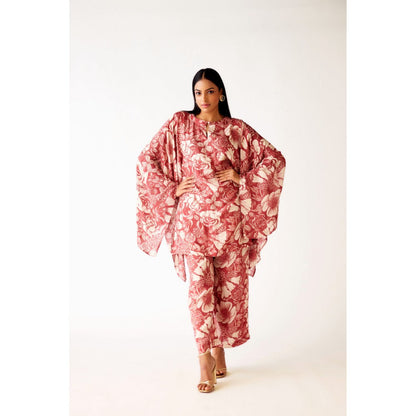 Basanti Kapde aur Koffee Maroon Muslin Floral Print Kaftan and Pant (Set of 2)