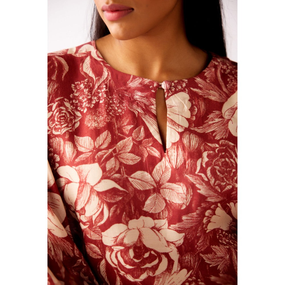 Basanti Kapde aur Koffee Maroon Muslin Floral Print Kaftan and Pant (Set of 2)