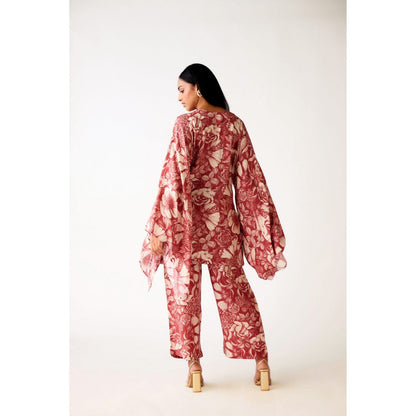 Basanti Kapde aur Koffee Maroon Muslin Floral Print Kaftan and Pant (Set of 2)
