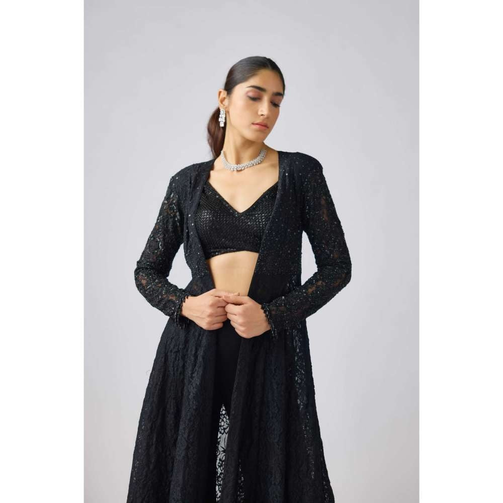 Basanti Kapde aur Koffee Black Georgette Embroidered Jacket with Blouse and Palazzo (Set of 3)