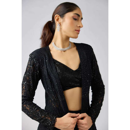 Basanti Kapde aur Koffee Black Georgette Embroidered Jacket with Blouse and Palazzo (Set of 3)