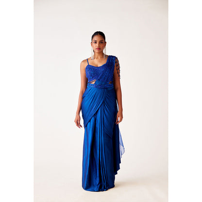 Basanti Kapde aur Koffee Blue Satin Crepe Pre Draped Saree with Belt and Stitched Blouse