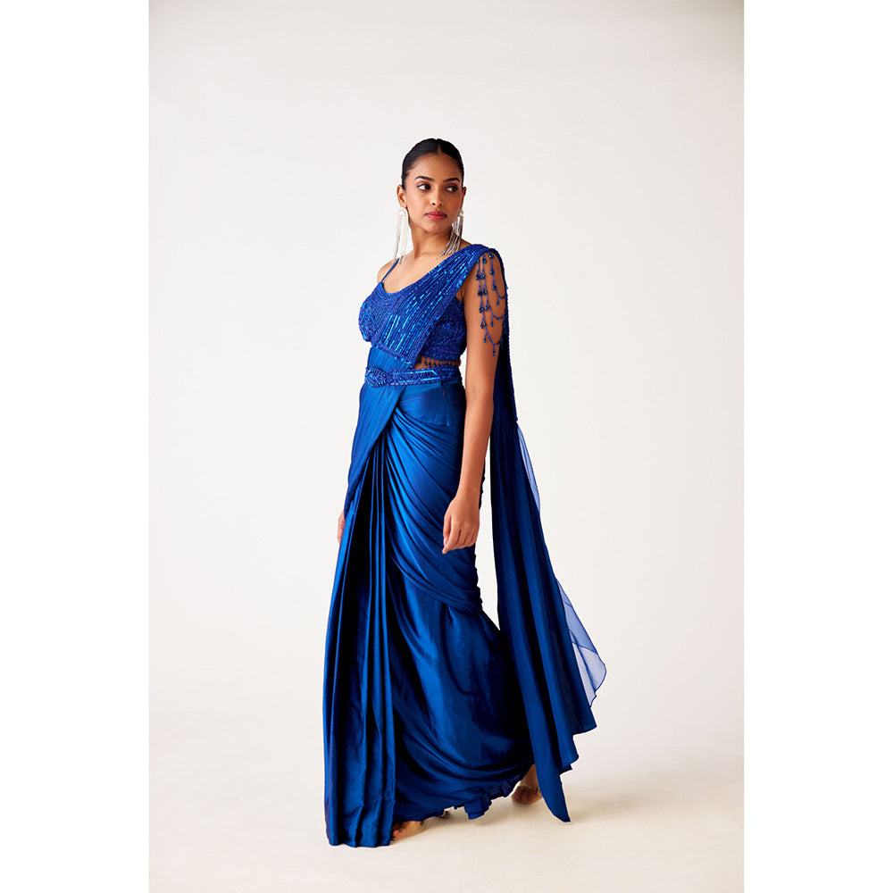 Basanti Kapde aur Koffee Blue Satin Crepe Pre Draped Saree with Belt and Stitched Blouse