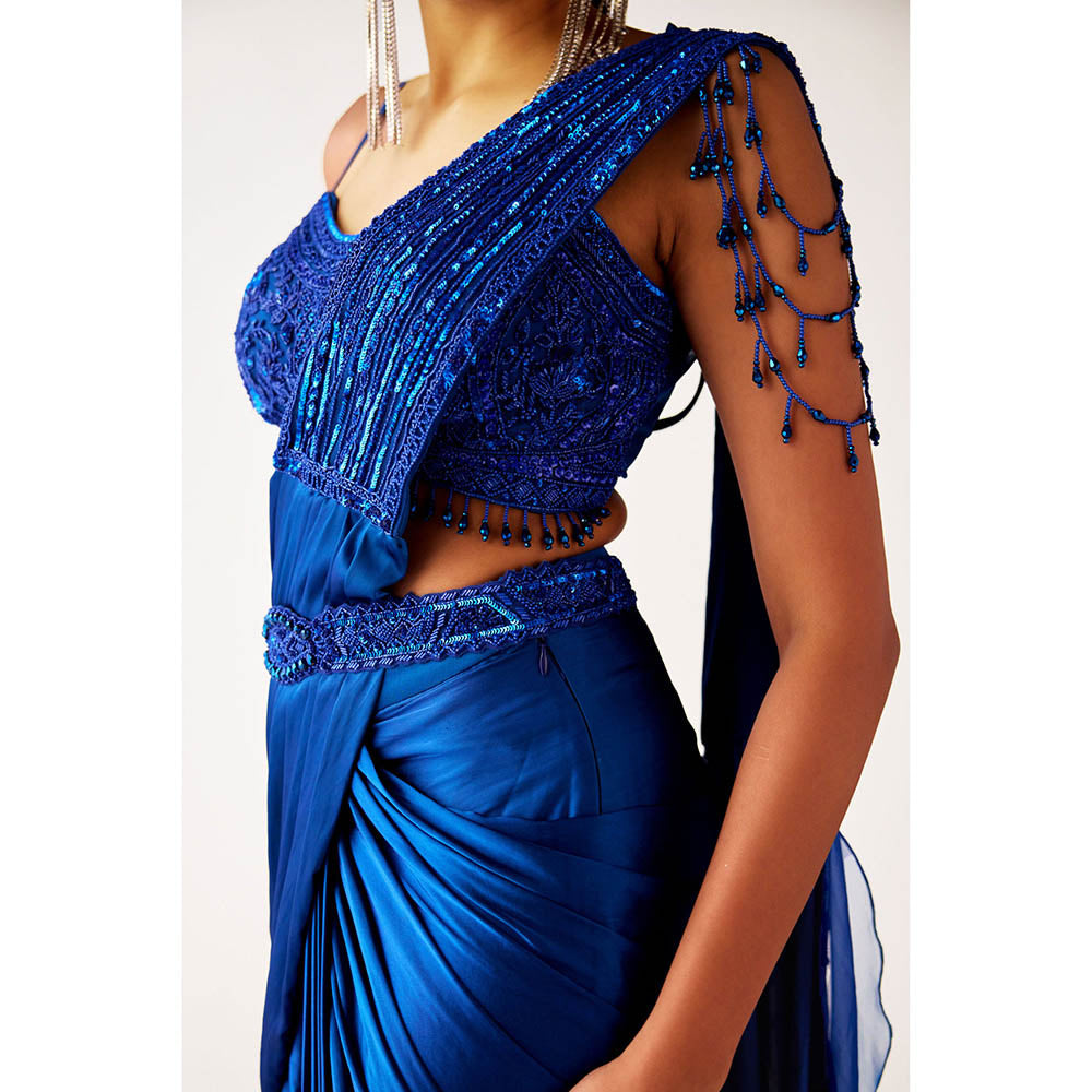 Basanti Kapde aur Koffee Blue Satin Crepe Pre Draped Saree with Belt and Stitched Blouse