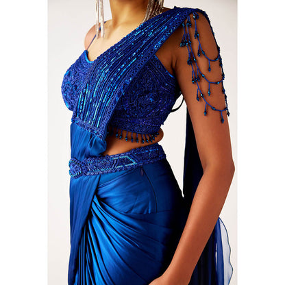 Basanti Kapde aur Koffee Blue Satin Crepe Pre Draped Saree with Belt and Stitched Blouse