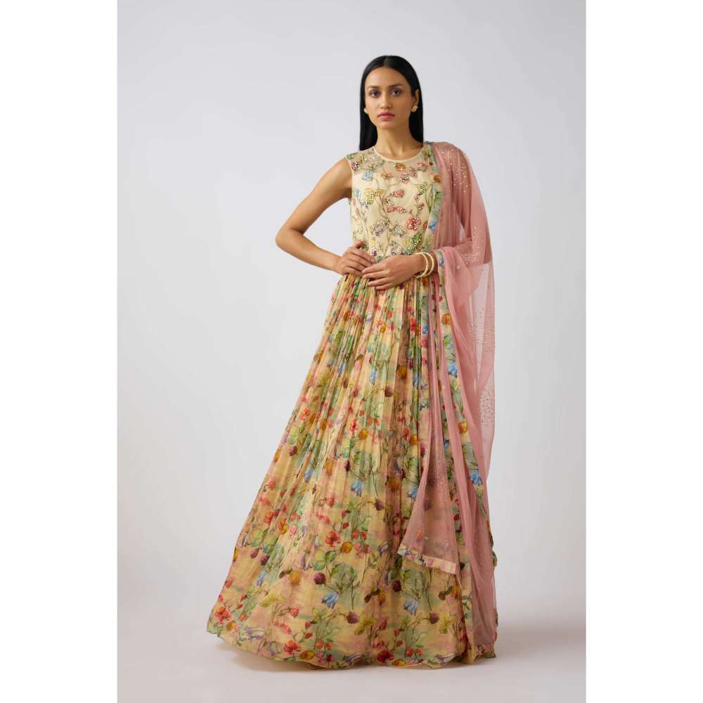 Basanti Kapde aur Koffee Beige Organza Embroidered Anarkali and Dupatta (Set of 2)