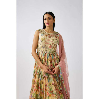 Basanti Kapde aur Koffee Beige Organza Embroidered Anarkali and Dupatta (Set of 2)