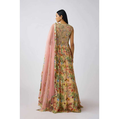 Basanti Kapde aur Koffee Beige Organza Embroidered Anarkali and Dupatta (Set of 2)
