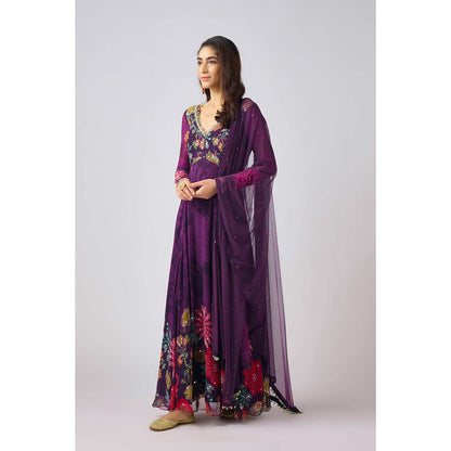 Basanti Kapde aur Koffee Purple Georgette Embroidered Anarkali (Set of 2)