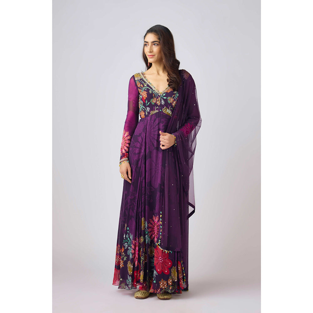 Basanti Kapde aur Koffee Purple Georgette Embroidered Anarkali (Set of 2)