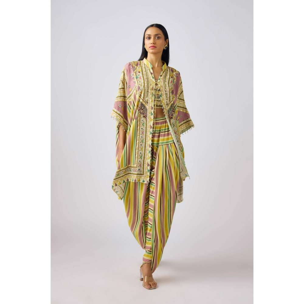 Basanti Kapde aur Koffee Muslin Embellished Kaftan Jacket with Blouse and Dhoti (Set of 3)