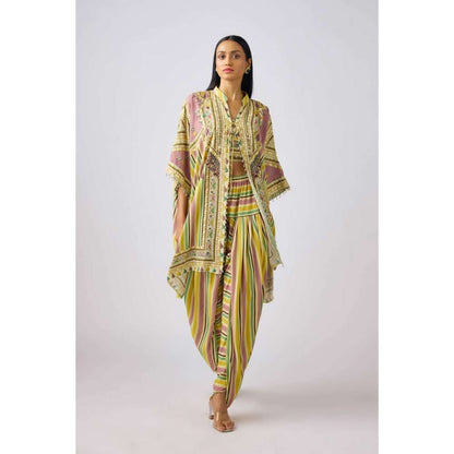 Basanti Kapde aur Koffee Muslin Embellished Kaftan Jacket with Blouse and Dhoti (Set of 3)