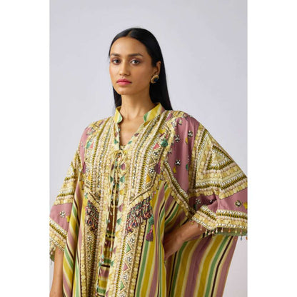 Basanti Kapde aur Koffee Muslin Embellished Kaftan Jacket with Blouse and Dhoti (Set of 3)