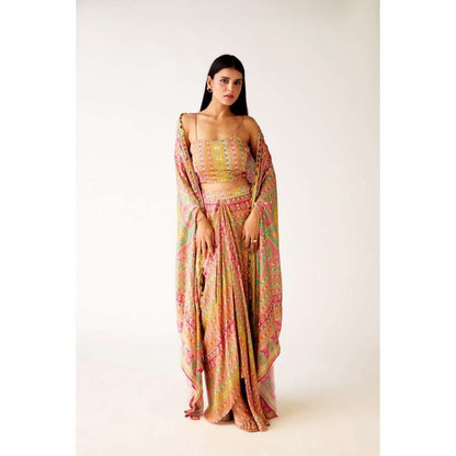 Basanti Kapde aur Koffee Multicolor Satin Embroidered Cape with Blouse and Skirt (Set of 3)