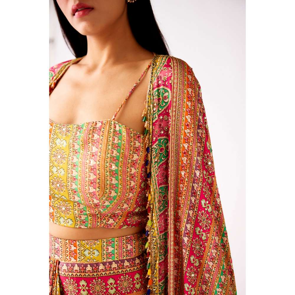 Basanti Kapde aur Koffee Multicolor Satin Embroidered Cape with Blouse and Skirt (Set of 3)