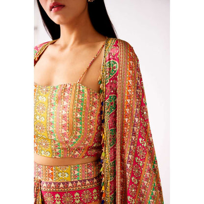 Basanti Kapde aur Koffee Multicolor Satin Embroidered Cape with Blouse and Skirt (Set of 3)