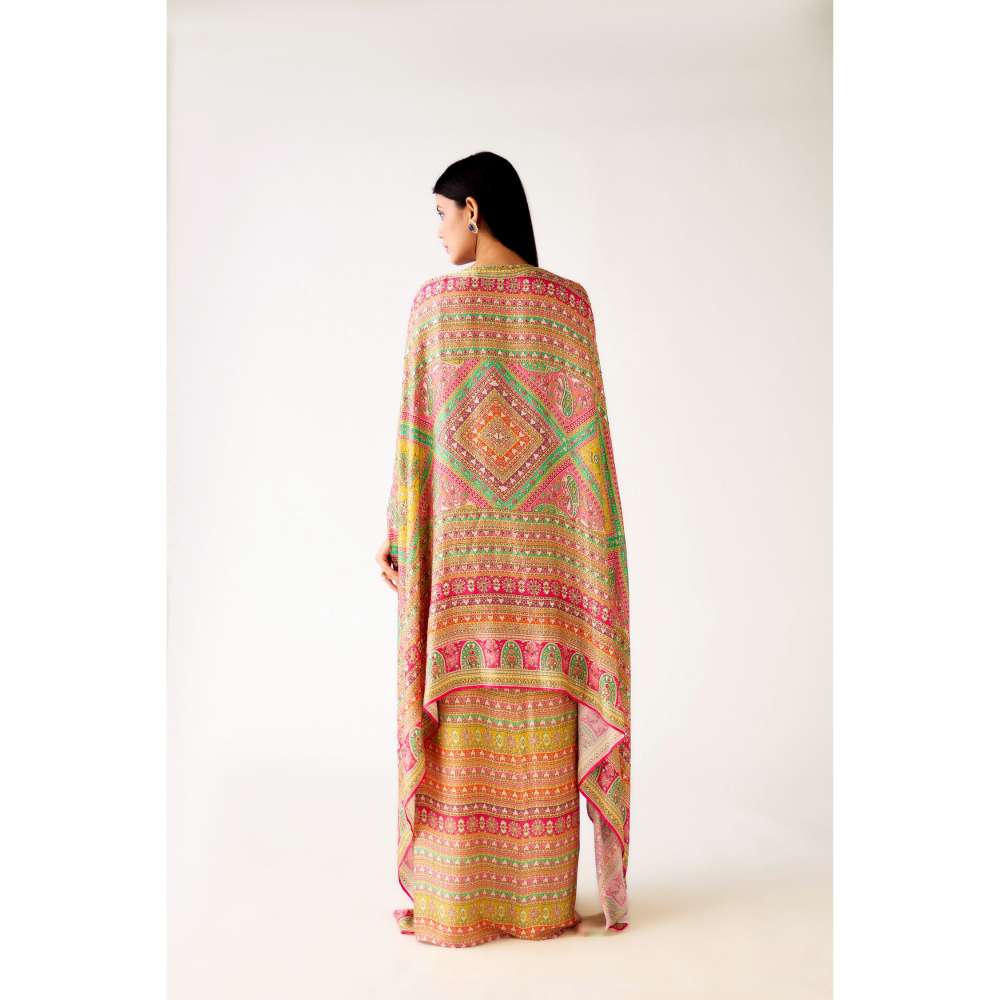 Basanti Kapde aur Koffee Multicolor Satin Embroidered Cape with Blouse and Skirt (Set of 3)