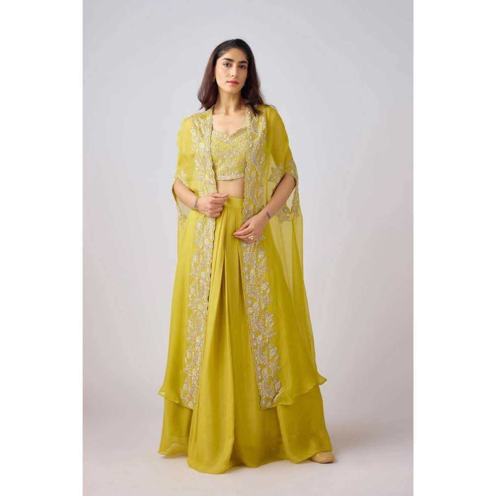 Basanti Kapde aur Koffee Yellow Silk Embroidered Cape with Blouse and Lehenga (Set of 3)