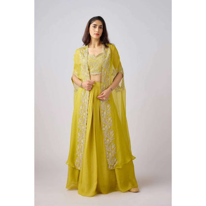 Basanti Kapde aur Koffee Yellow Silk Embroidered Cape with Blouse and Lehenga (Set of 3)