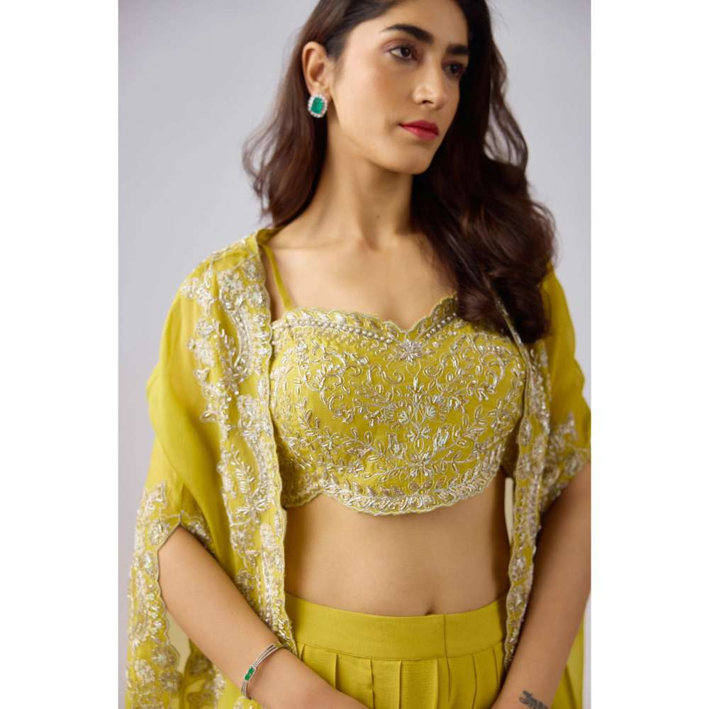 Basanti Kapde aur Koffee Yellow Silk Embroidered Cape with Blouse and Lehenga (Set of 3)