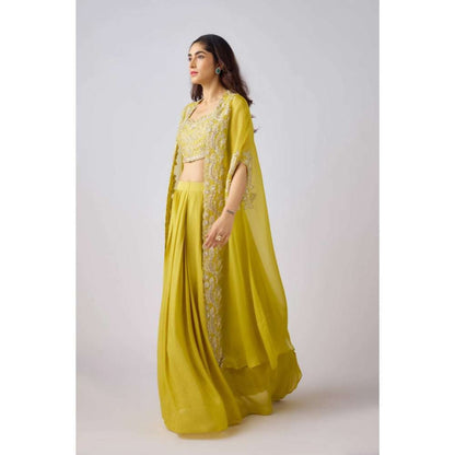 Basanti Kapde aur Koffee Yellow Silk Embroidered Cape with Blouse and Lehenga (Set of 3)