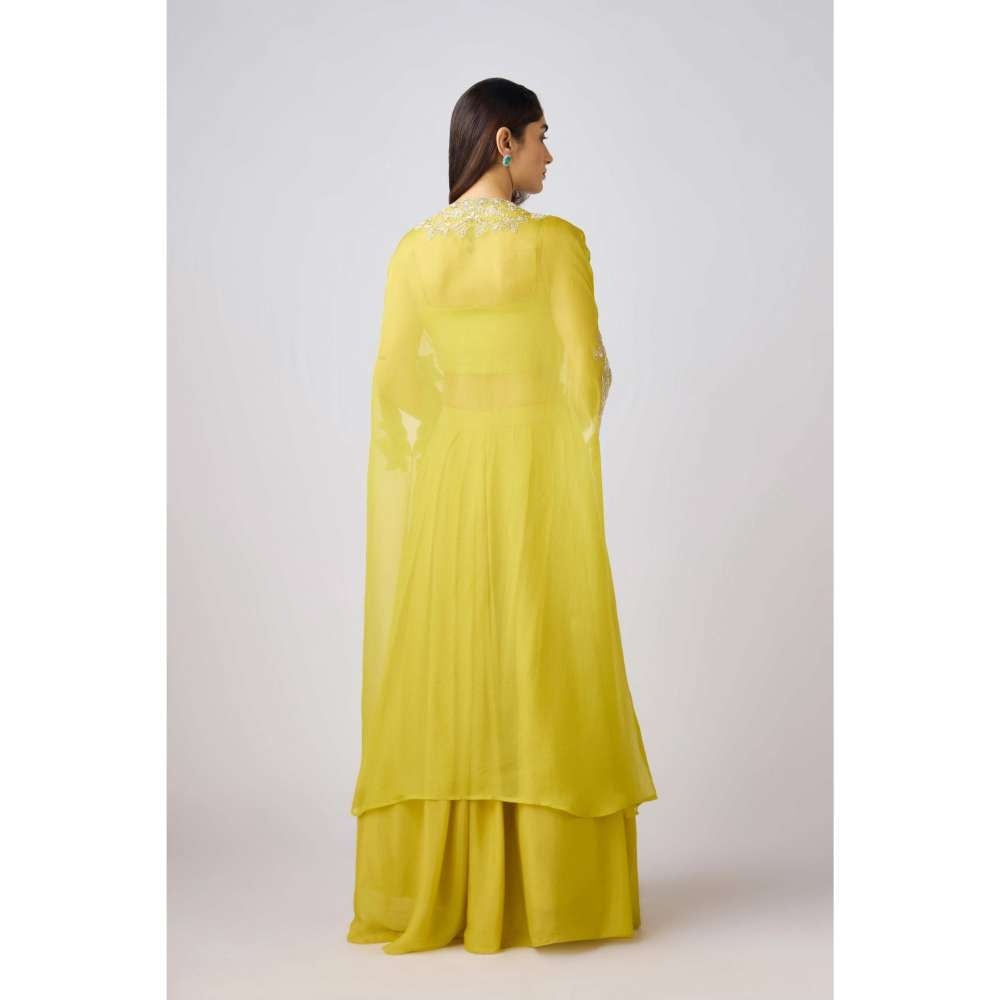 Basanti Kapde aur Koffee Yellow Silk Embroidered Cape with Blouse and Lehenga (Set of 3)