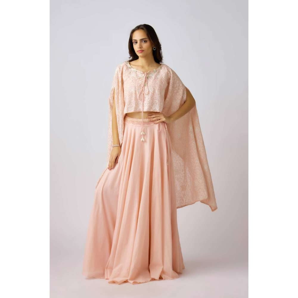 Basanti Kapde aur Koffee Peach Embroidered Cape Top with Bustier and Skirt (Set of 3)