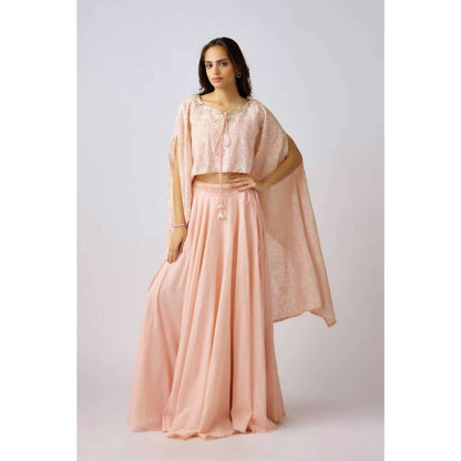 Basanti Kapde aur Koffee Peach Embroidered Cape Top with Bustier and Skirt (Set of 3)