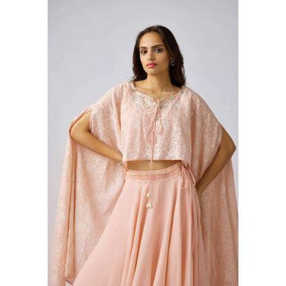Basanti Kapde aur Koffee Peach Embroidered Cape Top with Bustier and Skirt (Set of 3)