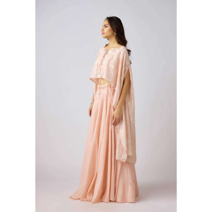 Basanti Kapde aur Koffee Peach Embroidered Cape Top with Bustier and Skirt (Set of 3)