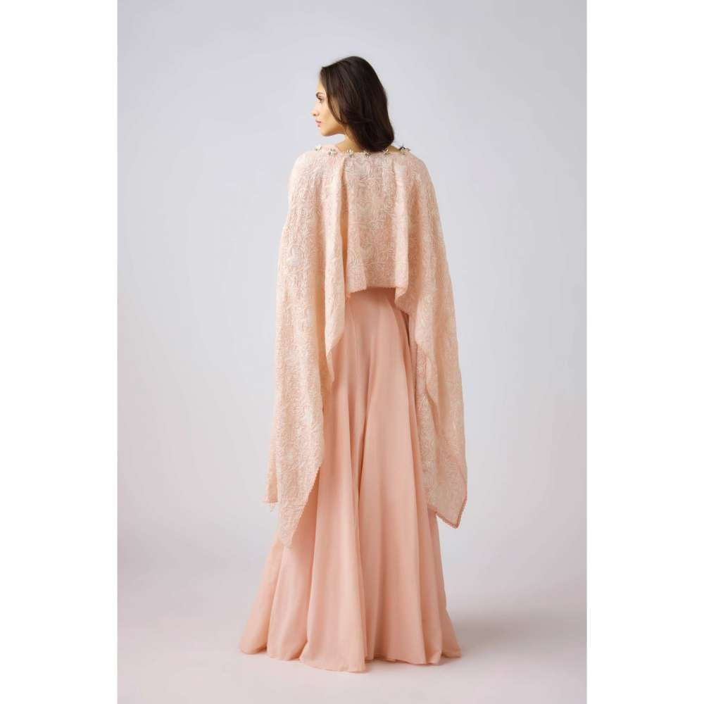 Basanti Kapde aur Koffee Peach Embroidered Cape Top with Bustier and Skirt (Set of 3)