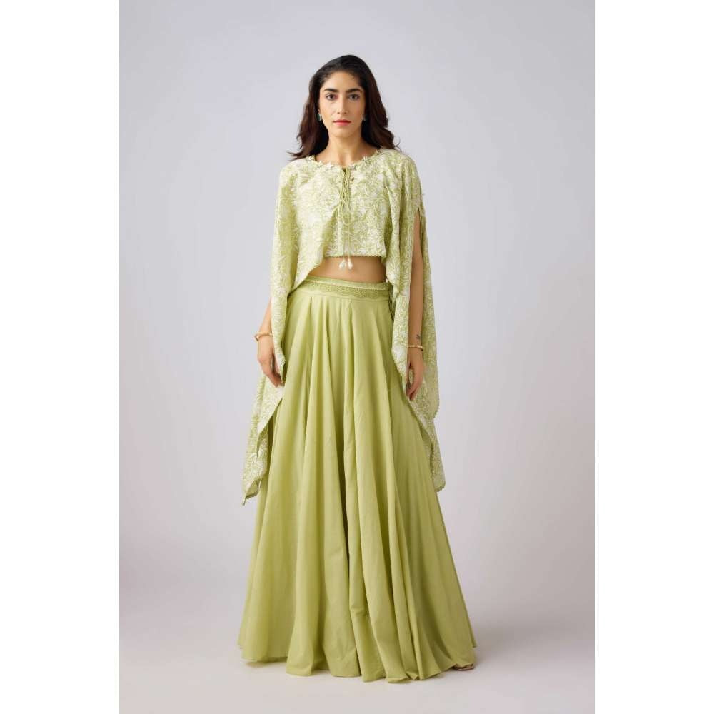 Basanti Kapde aur Koffee Pista Embroidered Cape Top with Bustier & Skirt (Set of 3)