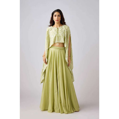 Basanti Kapde aur Koffee Pista Embroidered Cape Top with Bustier & Skirt (Set of 3)