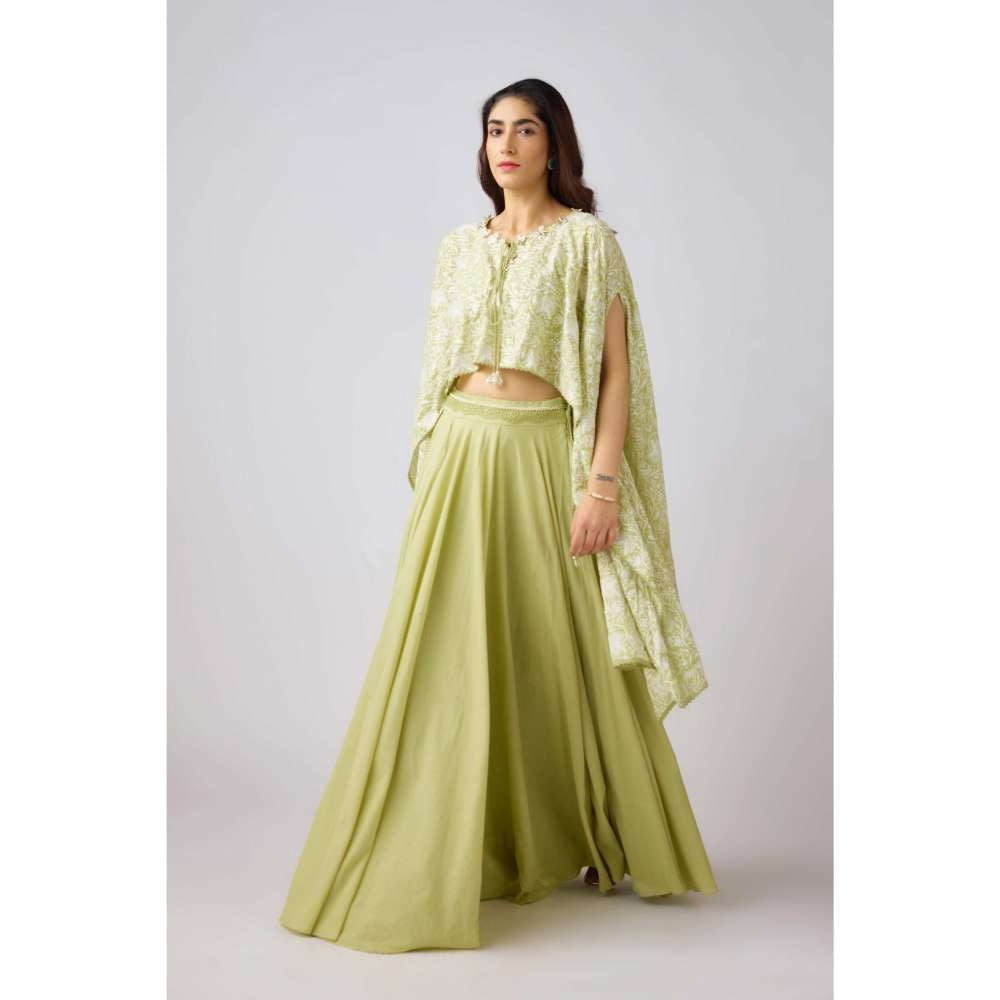 Basanti Kapde aur Koffee Pista Embroidered Cape Top with Bustier & Skirt (Set of 3)