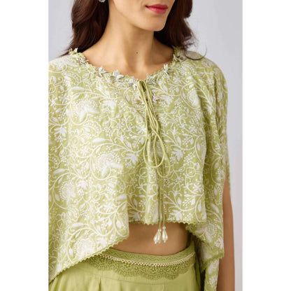 Basanti Kapde aur Koffee Pista Embroidered Cape Top with Bustier & Skirt (Set of 3)