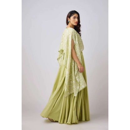 Basanti Kapde aur Koffee Pista Embroidered Cape Top with Bustier & Skirt (Set of 3)