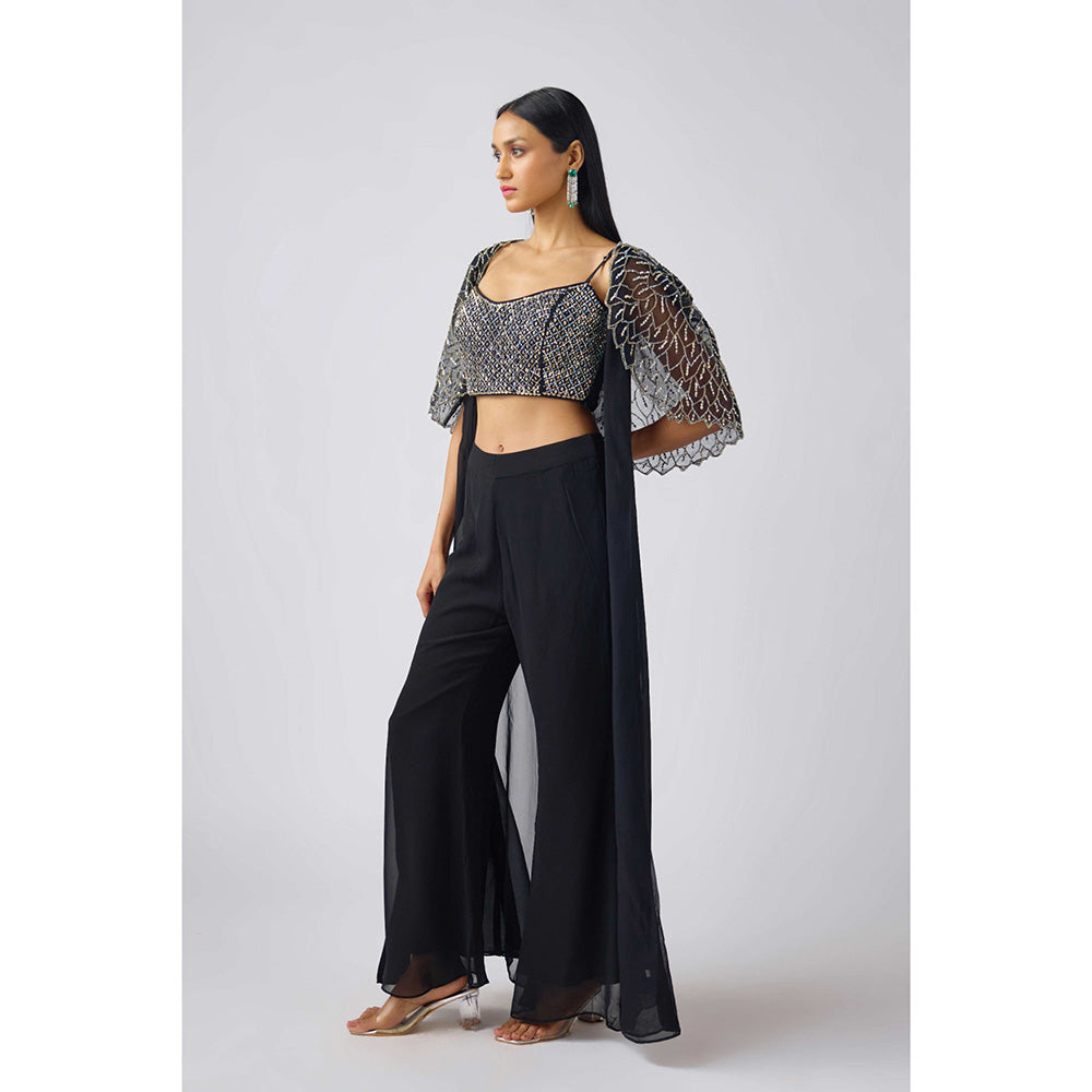 Basanti Kapde aur Koffee Black Georgette Leaf Sequins Cape with Blouse and Palazzo (Set of 3)