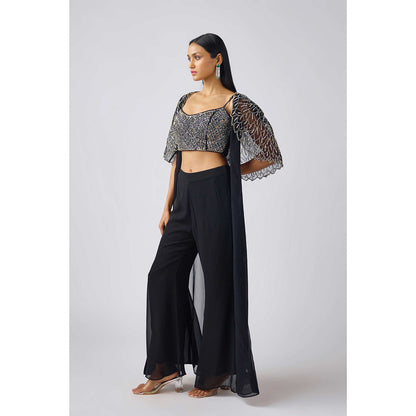 Basanti Kapde aur Koffee Black Georgette Leaf Sequins Cape with Blouse and Palazzo (Set of 3)