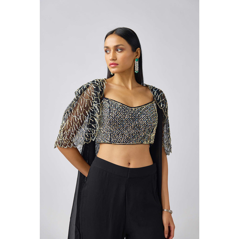 Basanti Kapde aur Koffee Black Georgette Leaf Sequins Cape with Blouse and Palazzo (Set of 3)