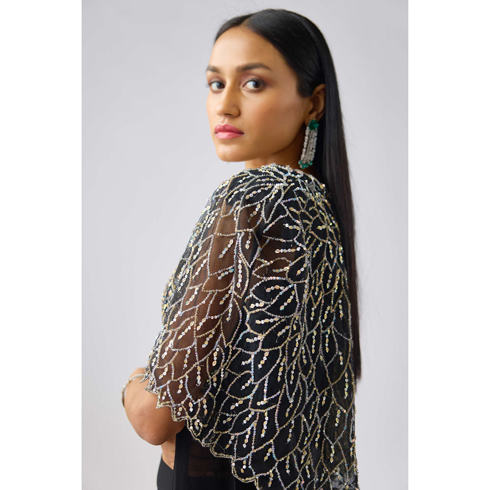 Basanti Kapde aur Koffee Black Georgette Leaf Sequins Cape with Blouse and Palazzo (Set of 3)