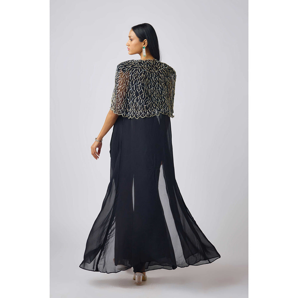 Basanti Kapde aur Koffee Black Georgette Leaf Sequins Cape with Blouse and Palazzo (Set of 3)